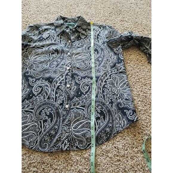 Ralph Lauren Chaps Shirt Top Womens Petite Medium Black White Paisley Button - Picture 6 of 7